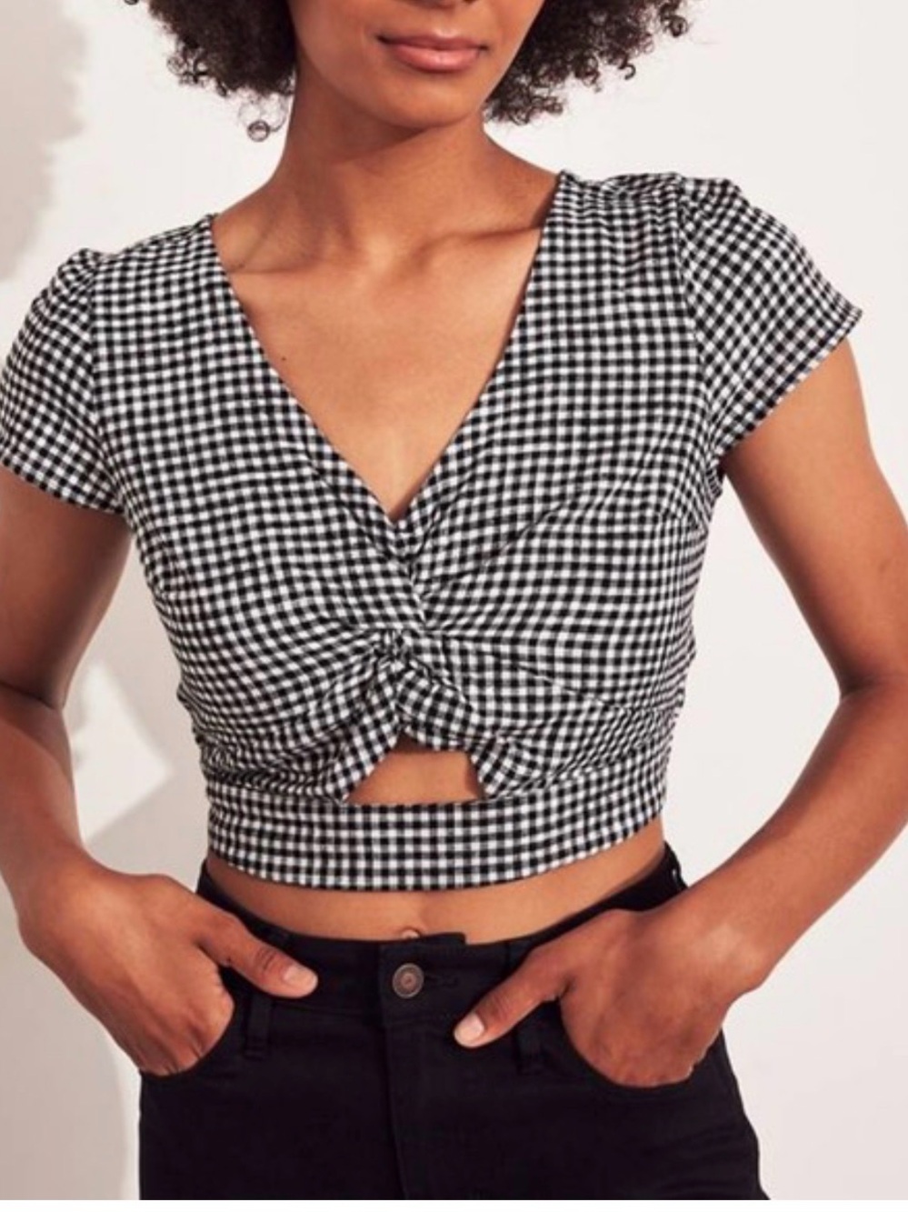 Hollister Black & White Gingham Twist-Front Crop Top